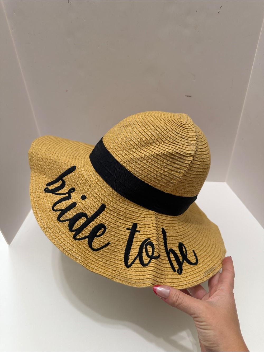 C.C. Boutique Yellow 'Bride To Be' Wide Brim Sun Hat with Black Band